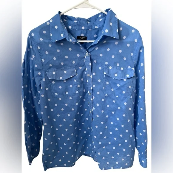 Talbots Blue Polka Dot Shirt Button Down Large Petite Lightweight 100% Cotton - Picture 2 of 5